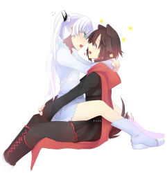  2girls animal_ears arms_around_neck black_hair black_legwear blue_eyes blush boots cape cross-laced_footwear dress highres hinagi hood hug kiss lace-up_boots long_hair multiple_girls open_mouth pantyhose ruby_rose rwby short_hair side_ponytail grey_eyes sitting sitting_on_lap sitting_on_person skirt tail weiss_schnee white_hair yuri  rating:Questionable score:49 user:Alias84