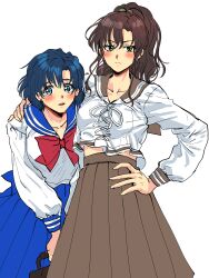  2girls absurdres bag bishoujo_senshi_sailor_moon blue_eyes blue_hair blue_sailor_collar blue_skirt blush bow breasts brown_hair brown_sailor_collar brown_skirt closed_mouth collarbone earrings eyelashes flower_earrings green_eyes hair_bobbles hair_ornament hand_on_another&#039;s_shoulder hand_on_own_hip highres jewelry juuban_middle_school_uniform kino_makoto kino_makoto&#039;s_school_uniform kuya_(hey36253625) long_hair long_skirt long_sleeves looking_to_the_side medium_breasts midriff_peek mizuno_ami multiple_girls open_mouth parted_bangs pleated_skirt ponytail red_bow ribbon sailor_collar school_bag school_uniform serafuku short_hair simple_background sketch skirt wavy_hair white_background white_ribbon yuri  rating:Sensitive score:9 user:danbooru