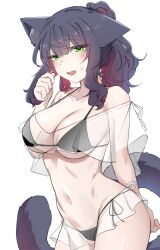 1girl animal_ear_fluff animal_ears arknights bare_shoulders bikini black_bikini black_hair blush breasts cat_ears cat_girl cat_tail cleavage collarbone cowboy_shot green_eyes highres jessica_(arknights) k0ng large_breasts long_hair multicolored_hair ponytail red_hair see-through sidelocks simple_background solo swimsuit tail two-tone_hair white_background rating:Sensitive score:30 user:danbooru
