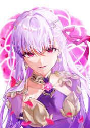  1girl armor bikini_armor blush breasts brooch collar detached_sleeves dress earrings fate/grand_order fate_(series) flower hair_ribbon highres jewelry kama_(fate) kama_(second_ascension)_(fate) long_hair looking_at_viewer lotus lotus_print metal_collar pink_ribbon purple_dress purple_hair purple_sleeves red_eyes ribbon smile solo upper_body user_yjrm4738 