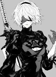  1girl 2b_(nier:automata) absurdres black_blindfold black_dress blindfold breasts center_opening child cleavage clothing_cutout dress floating_hair gloves grey_background greyscale headband highres looking_at_viewer mole mole_under_mouth monochrome nier:automata nier_(series) nishiii26miii short_hair simple_background solo sword weapon white_hair 
