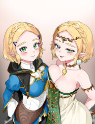  2girls asymmetrical_docking bare_shoulders bead_necklace beads black_capelet blonde_hair blue_shirt braid breast_press breasts capelet circlet cleavage commentary_request cosplay crown_braid dress earrings glint green_eyes hair_ornament hairclip highres holding holding_weapon jewelry kunai large_breasts looking_at_viewer multiple_girls necklace nintendo pointy_ears princess_zelda princess_zelda_(cosplay) shirt short_hair simple_background sleeveless sleeveless_dress smile strapless strapless_dress the_legend_of_zelda the_legend_of_zelda:_tears_of_the_kingdom wasabi_(legemd) weapon weapon_behind_back white_dress yiga_clan_footsoldier 