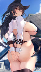 1girl absurdres animal_ears arms_behind_back ass atago_(azur_lane) atago_(stunning_speedster)_(azur_lane) azur_lane bikini black_bikini black_hair black_thighhighs blush breasts building covering_ass covering_privates extra_ears hair_ribbon highleg highleg_bikini highres huge_breasts long_hair looking_at_viewer looking_back mole mole_under_eye own_hands_together race_queen ribbon shrug_(clothing) signature sleeve_cuffs smile solo swimsuit thighhighs two-tone_bikini u_ronnta white_ribbon wrist_cuffs yellow_eyes rating:Questionable score:195 user:danbooru