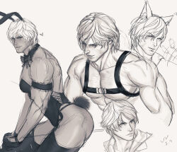  2boys animal_ears bara bare_pectorals beard chest_hair crossdressing dante_(devil_may_cry) devil_may_cry devil_may_cry_(series) devil_may_cry_4 facial_hair highres leotard male_focus mature_male monochrome multiple_boys muscular muscular_male nero_(devil_may_cry) pectorals playboy_bunny rabbit_ears smile toned toned_male vaness_fu 