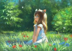 1girl animal_ears between_legs blue_eyes brown_hair bug bush butterfly butterfly_on_head cat_ears cat_girl child commentary_request day dress from_side full_body grass hand_between_legs insect long_hair looking_up on_grass original outdoors parted_lips short_sleeves sitting solo wasabi60 white_dress rating:General score:28 user:danbooru