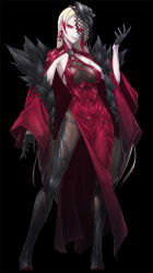  1girl ankh ankh_earrings black_background blonde_hair breasts commentary_request contrapposto cthulhu_mythos dress earrings full_body fur_trim gradient_hair jewelry large_breasts long_hair looking_at_viewer mazeran multicolored_hair nyarlathotep queen_in_red red_dress red_eyes red_hair smile solo standing two-tone_hair very_long_hair 