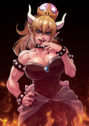  1girl absurdres bare_shoulders blonde_hair blue_eyes bowsette bracelet breasts cirenk cleavage dress fire highres horns jewelry large_breasts long_hair mario_(series) muscular new_super_mario_bros._u_deluxe nintendo pointy_ears solo spikes standing super_crown  rating:Sensitive score:38 user:DarkSymbiote