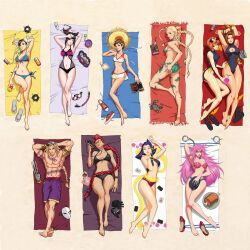  1boy 6+girls abs adapted_costume antenna_hair arm_tattoo armband armlet armpits arnold_tsang ass aviator_sunglasses barefoot beach beach_towel big_hair bikini black_hair black_one-piece_swimsuit blonde_hair blue_bikini boned_meat book bracelet_removed braid breasts brown_hair bun_cover cable cammy_white capcom card cellphone center_opening chest_tattoo chun-li cleavage cleavage_cutout clothing_cutout cocktail_glass crab crimson_viper cup double_bun drinking_glass earbuds earphones eyewear_on_head final_fight food full_body gloves unworn_gloves hair_bun hair_horns han_juri hat unworn_hat unworn_headwear highres holding holding_card holding_cup jewelry juli_(street_fighter) juni_(street_fighter) kasugano_sakura large_breasts listening_to_music long_hair low_twin_braids lying male_swimwear mask unworn_mask meat medium_breasts multiple_girls multiple_rings muscular muscular_male odd_one_out official_art on_back on_side on_stomach one-piece_swimsuit orange_hair peaked_cap phone pink_hair poison_(final_fight) pompadour purple_hair purple_male_swimwear purple_swim_trunks red_hair ribbed_swimsuit ring rose_(street_fighter) shadaloo_dolls shoes unworn_shoes short_hair small_breasts smartphone snake_tattoo soles source_request street_fighter street_fighter_iv_(series) street_fighter_zero_(series) sun_hat sunglasses swim_trunks swimsuit tan tankini tarot tattoo thigh_gap toes toned towel twin_braids udon_entertainment vega_(street_fighter) wedding_ring 