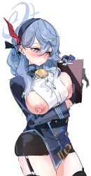 1girl absurdres ako_(blue_archive) averting_eyes black_garter_straps black_skirt black_thighhighs blue_archive blue_eyes blue_hair blue_jacket breasts breasts_out earrings garter_straps halo highres holding holding_notepad jacket jewelry kusoga_kids lactation large_breasts nipples notepad pencil_skirt playing_with_own_hair simple_background skirt solo stud_earrings thighhighs white_background rating:Questionable score:26 user:danbooru