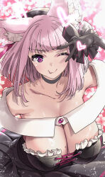  1girl animal_ear_fluff animal_ears beret black_beret black_choker black_dress black_gloves black_ribbon breasts cherry_blossoms choker cleavage closed_mouth collarbone commentary_request dress floral_background gloves hat heart highres huge_breasts indie_virtual_youtuber looking_at_viewer medium_hair mole mole_on_breast one_eye_closed pink_background pink_eyes pink_hair ribbon smile solo tenshouin_himeno thomasz tongue tongue_out v v_over_eye virtual_youtuber 