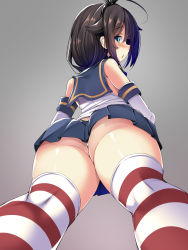 1girl ahoge ass bare_shoulders black_hair black_panties blush cosplay female_focus from_below gloves gradient_background grey_background highres huge_ass kantai_collection looking_back looking_down panties pink_background pleated_skirt profile shigure_(kancolle) shimakaze_(kancolle) shimakaze_(kancolle)_(cosplay) simple_background skirt solo standing striped_clothes striped_thighhighs sweat thighhighs thong torisan underwear upskirt white_gloves white_thighhighs rating:Questionable score:70 user:Domestic_Importer