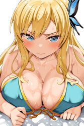  1girl bare_shoulders belko bikini blonde_hair blue_bikini blue_eyes blush boku_wa_tomodachi_ga_sukunai breasts butterfly_hair_ornament cleavage closed_mouth collarbone female_focus front-tie_bikini_top front-tie_top hair_ornament highres huge_breasts kashiwazaki_sena long_hair looking_at_viewer simple_background solo swimsuit wet white_background  rating:Sensitive score:40 user:PuttHutt