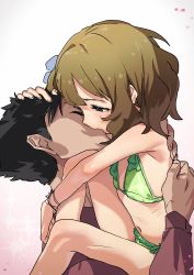  1boy 1girl absurdres age_difference bad_id bad_twitter_id bikini black_hair blush brown_hair closed_eyes dorontabi flat_chest half-closed_eyes hetero highres idolmaster idolmaster_million_live! kiss loli older_man_and_younger_girl short_hair size_difference suou_momoko swimsuit  rating:Questionable score:245 user:Mrhunking