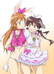  2girls animal_ears blue_eyes blush breasts brown_eyes brown_hair charlotte_e._yeager choker cosplay cure_melody cure_melody_(cosplay) cure_rhythm cure_rhythm_(cosplay) dog_ears dog_tail female_focus gertrud_barkhorn grin hand_on_own_hip heart hip_focus koshimizu_ami long_hair magical_girl medium_breasts multiple_girls navel no_pants orange_hair panties precure rabbit_ears rabbit_girl rabbit_tail skirt smile standing strike_witches suite_precure tail thigh_gap thighs umanosuke underwear voice_actor_connection white_choker wide_hips world_witches_series  rating:Sensitive score:31 user:danbooru
