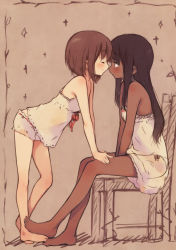  2girls absurdres arm_support barefoot black_hair bloomers blush brown_hair chair chemise dark-skinned_female dark_skin closed_eyes feet feet_together footsie hand_on_another&#039;s_thigh hands_on_thighs highres imminent_kiss interracial kyuri legs lingerie long_hair multiple_girls nightgown original pajamas short_hair sitting tan third-party_edit underwear yuri  rating:Sensitive score:118 user:forumbot