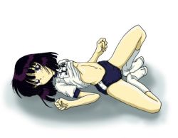  1990s_(style) 1girl bishoujo_senshi_sailor_moon black_eyes black_hair breasts buruma clenched_hand clothes_lift female_focus gym_uniform loli looking_at_viewer lying nipples on_back retro_artstyle shadow shirt_lift short_hair simple_background small_breasts socks solo spread_legs tomoe_hotaru underboob white_background  rating:Questionable score:6 user:demetrio-001000