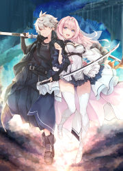  1boy 1girl boots breasts character_request copyright_request cover cover_page covered_navel dress floating highres holding holding_sword holding_weapon jacket katana luna_lia medium_breasts midair novel_cover novel_illustration official_art open_clothes open_jacket open_mouth pink_eyes pink_hair shoes silver_hair sword thighhighs weapon yellow_eyes 
