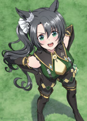  1girl animal_ears ascot bare_shoulders black_footwear black_hair black_shorts boots breasts crown elbow_gloves from_above gloves green_background green_eyes green_shirt hands_on_own_hips horse_ears horse_girl horse_tail looking_at_viewer looking_up mini_crown on_grass open_mouth satono_crown_(umamusume) shirt shorts side_ponytail smile solo tail teeth tsuji_tomoko twitter_username umamusume upper_teeth_only yellow_ascot 