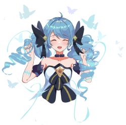 1girl :d absurdres ahoge black_bow black_choker black_sleeves blue_hair blush bow breasts bug butterfly choker collarbone cropped_torso detached_sleeves dress drill_hair facing_viewer gloves grey_background gwen_(league_of_legends) hair_bow hands_up highres holding holding_hair insect league_of_legends long_hair open_mouth puffy_short_sleeves puffy_sleeves short_sleeves simple_background smile solo sooner teeth twin_drills upper_body upper_teeth_only white_background rating:Sensitive score:2 user:danbooru