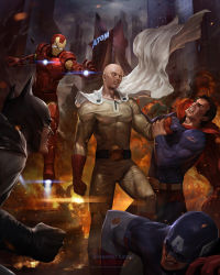  5boys armor bald batman battle bruce_wayne building cape captain_america city clenched_hand clenched_teeth clothes_grab cloud cloudy_sky crossover dc_comics debris embers epic fire floating gloves helmet highres iron_man kal-el kryptonian lens_flare male_focus marvel mask motion_blur multiple_boys multiple_crossover muscular no_pupils one-punch_man red_cape red_gloves saitama_(one-punch_man) sky skyscraper steve_rogers superhero_costume superman teeth tony_stark torn_clothes watermark web_address white_cape woo_chul_lee  rating:Sensitive score:54 user:danbooru