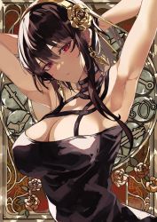  1girl absurdres armpits arms_up black_dress black_hair breasts cleavage closed_mouth dress earrings expressionless flower gold_hairband hair_between_eyes hair_flower hair_ornament hair_stick hairband highres jewelry large_breasts looking_at_viewer red_eyes sas_(ls08b) short_hair_with_long_locks sidelocks sleeveless sleeveless_dress solo spy_x_family upper_body yor_briar  rating:Sensitive score:28 user:danbooru