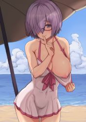 1girl bare_shoulders beach black-framed_eyewear blush bow breasts cleavage clothes_pull cloud collarbone covered_navel fate/grand_order fate_(series) finger_to_mouth flashing glasses hair_over_one_eye half-closed_eyes hand_to_own_mouth hand_up large_breasts mash_kyrielight matching_hair/eyes navel nipples ocean one-piece_swimsuit one_breast_out outdoors pink_bow pulling_own_clothes purple_eyes purple_hair shiny_skin shirt_pull short_hair shushing sky smile solo standing sweat swimsuit thigh_gap thighs umbrella water white_one-piece_swimsuit yas_(35373) rating:Questionable score:63 user:AngryZapdos