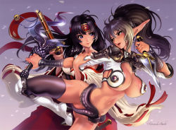  00s 2girls absurdres animal arm_warmers artist_name bare_shoulders black_hair blue_eyes boots bottomless breasts brown_eyes cleavage echidna_(queen&#039;s_blade) fighting green_hair headband highres hobby_japan japanese_clothes katana large_breasts leg_up legs long_hair looking_at_another maeda_hiroyuki miko multiple_girls navel official_art official_wallpaper open_mouth petals pointy_ears ponytail queen&#039;s_blade queen&#039;s_blade_lost_worlds skindentation snake sweat sword thighhighs tomoe_(queen&#039;s_blade) wallpaper weapon  rating:Questionable score:33 user:thebatman