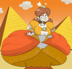  1girl blue_eyes breasts crown desert dress earrings flower_earrings gigantic_butt grin hand_on_own_hip highres jewelry large_breasts looking_at_viewer mario_(series) nintendo orange_dress princess_daisy pyramid_(structure) smile super_mario_land tagme  rating:Explicit score:4 user:sonic5000