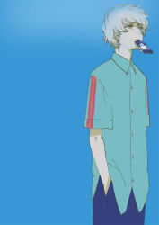  1boy black_pants bleach bleach:_sennen_kessen-hen blue_background blue_eyes collared_shirt earrings gremmy_thoumeaux grey_hair hands_in_pockets highres jewelry kubo_tite looking_up male_focus mouth_hold pants shirt short_hair short_sleeves simple_background sketch solo standing wavy_hair 