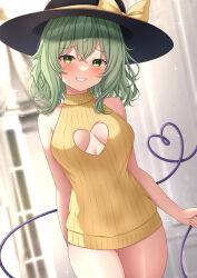 1girl arm_behind_back bare_shoulders black_hat blush breasts breasts_apart cleavage_cutout clothing_cutout commentary_request cowboy_shot crossed_bangs dress gluteal_fold green_eyes green_hair grin hair_between_eyes hat heart heart_cutout heart_of_string highres holding komeiji_koishi looking_at_viewer medium_breasts medium_hair reijing_etrn ribbed_sweater sleeveless sleeveless_dress smile solo sparkle standing sweater sweater_dress touhou turtleneck turtleneck_sweater yellow_dress yellow_sweater 