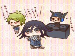  3boys amami_rantaro amami_rantaro_(cosplay) annoyed antenna_hair arrow_(symbol) beanie black_eyes black_footwear black_hat black_jacket black_scarf blue_headphones blue_shirt blush_stickers brown_hair brown_pants checkered_clothes checkered_scarf chibi cigarette closed_mouth collared_jacket colored_tips commentary_request cosplay danganronpa_(series) danganronpa_v3:_killing_harmony ear_piercing earrings fake_horns furrowed_brow green_hair hair_between_eyes hand_on_own_cheek hand_on_own_face hat headphones_over_headwear horned_headwear horns hoshi_ryoma jacket jewelry lapels leather leather_jacket light_blush long_sleeves male_focus motion_lines mouth_hold multicolored_hair multiple_boys multiple_bracelets multiple_piercings nervous_smile notched_lapels o3o oma_kokichi outstretched_arms oversized_clothes pale_skin pants patterned_background pendant phonograph piercing pocket purple_hair record scarf shirt shoes short_hair simple_background smile solid_oval_eyes standing striped_clothes striped_shirt stud_earrings sunglasses sweatdrop translation_request turntable two-tone_scarf unmoving_pattern v-shaped_eyebrows white_scarf white_undershirt yellow_background yumaru_(marumarumaru) zipper 