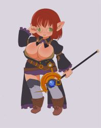  10s artist_request breasts cleavage final_fantasy_xiv glasses green_eyes lalafell large_breasts pointy_ears red_hair smile staff watch  rating:Sensitive score:16 user:kade66
