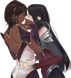  2girls armor bare_shoulders black_hair brown_hair closed_eyes covering_another&#039;s_mouth dark_skin detached_collar detached_sleeves freckles hand_on_another&#039;s_mouth irelia karma_(league_of_legends) league_of_legends long_hair looking_at_viewer medium_hair multiple_girls purple_eyes short_hair simple_background skin_tight uchu_keito white_background yuri 