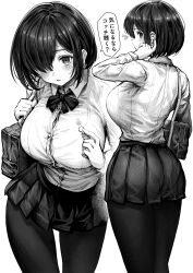 1girl absurdres airpods bag blush bow bowtie bra_visible_through_clothes breasts collared_shirt commentary cowboy_shot earbuds earphones from_behind gibagiba greyscale hair_over_one_eye highres large_breasts looking_at_viewer monochrome multiple_views original pantyhose pleated_skirt school_bag school_uniform shirt short_hair skirt standing thighs translated uniform white_background wireless_earphones rating:Sensitive score:25 user:danbooru