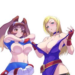  2girls animal_ears annoyed blonde_hair blue_eyes breasts brown_eyes brown_hair choker cleavage closed_mouth clothes_lift clothes_pull covered_navel crossover dress ema_(emaura) fatal_fury fingerless_gloves garou:_mark_of_the_wolves gloves highres jenet_behrn large_breasts lifting_own_clothes long_hair makihara_arina midriff multiple_girls navel open_mouth pants pulling_own_clothes purple_choker purple_dress rabbit_ears rabbit_girl red_gloves sigh snk spandex the_king_of_fighters underboob undressing waku_waku_7 