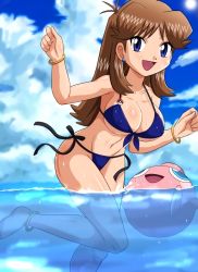  1girl alternate_color anklet bikini blue_eyes bracelet breasts brown_hair cleavage covered_erect_nipples creatures_(company) earrings game_freak gen_2_pokemon green_(pokemon) groin hip_focus igglybuff jewelry large_breasts long_hair nintendo pokemoa pokemon pokemon_(creature) shiny_skin side-tie_bikini_bottom smile swimming swimsuit toned water  rating:Questionable score:47 user:Dovexl