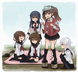  &gt;:d 10s 5girls :d akatsuki_(kancolle) anchor_symbol annin_musou bad_id bad_pixiv_id blue_eyes brown_eyes brown_hair can can_stilts fang flat_cap folded_ponytail grey_eyes hammer hand_up hands_up hat unworn_hat unworn_headwear hibiki_(kancolle) highres holding holding_clothes holding_hat ikazuchi_(kancolle) inazuma_(kancolle) japanese_clothes kantai_collection kariginu kneeling long_hair long_sleeves magatama multiple_girls nail neckerchief on_ground open_mouth pantyhose pleated_skirt red_neckerchief remodel_(kantai_collection) rock ryuujou_(kancolle) school_uniform seiza serafuku shoes unworn_shoes short_hair silver_hair sitting skirt smile squatting standing_on_object stilts string tarp tarpaulin twintails v-shaped_eyebrows visor_cap white_background wide_sleeves 