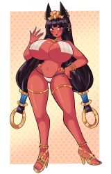  1girl :3 animal_ears ankh black_hair blue_nails blush border bracelet breast_curtains breasts cleopatra_(metal_slug) dark-skinned_female dark_skin dotted_background full_body gluteal_fold gradient_background hair_ornament hair_tie hand_on_own_hip high_heels highres huge_breasts jewelry long_hair looking_at_viewer makeup mascara metal_slug nail_polish navel o-ring open_mouth red_eyes ring smile solo suley_(artist) thick_thighs thighlet thighs toenail_polish toenails uraeus white_border yellow_background 