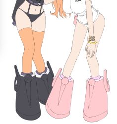  2girls arms_behind_back black_footwear boots bracelet breasts crop_top hand_on_own_knee head_out_of_frame highres jewelry knees_together_feet_apart large_breasts leaning_forward legs legs_apart leotard log_pose long_hair long_sleeves multiple_girls nami_(one_piece) navel nico_robin official_alternate_costume one_piece orange_hair orange_thighhighs pink_footwear pouch simple_background sleeveless sleeveless_leotard standing thigh_gap thighhighs white_background white_leotard yukina_megumi 