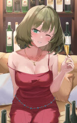  1girl ;d blush bottle breasts champagne_flute cleavage collarbone cup dress drinking_glass green_hair highres holding holding_cup idolmaster idolmaster_cinderella_girls indoors kamoromance614 looking_at_viewer medium_breasts mole mole_under_eye one_eye_closed open_mouth red_dress sitting sleeveless sleeveless_dress smile solo strap_slip takagaki_kaede wine_bottle 