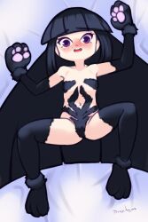  1girl animal_hands bed black_footwear black_fur black_gloves black_hair black_thighhighs blush cat_girl collarbone drantyno embarrassed female_focus flat_chest full_body gloves highres kagami_kuro kodomo_no_jikan loli long_hair looking_at_viewer lying navel on_bed open_mouth paw_gloves paw_shoes purple_eyes shoes solo spread_legs teeth thighhighs 