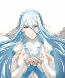  1girl azura_(fire_emblem) bikini_boody blue_hair breasts closed_mouth dress elbow_gloves fingerless_gloves fire_emblem fire_emblem_fates gloves hair_between_eyes hairband highres jewelry long_hair looking_at_viewer nintendo simple_background smile solo upper_body veil very_long_hair white_background white_dress yellow_eyes 