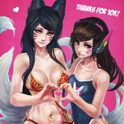 2girls absurdres ahri_(league_of_legends) animal_ears animal_print artist_name bare_shoulders bikini black_hair breasts breasts_apart brown_eyes brown_hair cleavage collarbone crossover d.va_(overwatch) english_text facepaint facial_mark fang female_focus fingernails fox_ears fox_tail hand_on_another&#039;s_hip headphones heart heart_hands heart_hands_duo highres large_breasts league_of_legends lips lipstick long_hair looking_at_viewer makeup milestone_celebration monori_rogue multiple_girls multiple_tails neck one-piece_swimsuit overwatch overwatch_1 parted_lips pink_background pink_lips rabbit rabbit_print red_bikini school_swimsuit simple_background smile swimsuit tail text_focus thank_you trait_connection watermark web_address whisker_markings yellow_eyes yuri rating:Sensitive score:45 user:danbooru