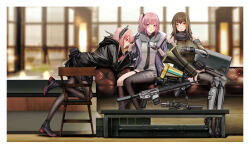  3girls ammunition_box ar-15 asymmetrical_legwear banana_(girls&#039;_frontline) black_footwear black_gloves black_jacket black_necktie black_pantyhose black_thighhighs blue_eyes blurry blurry_background breasts brown_eyes brown_hair chair commentary couch dinergate_(girls&#039;_frontline) english_commentary full_body girls&#039;_frontline gloves green_hair gun highres hood hooded_jacket inset_border jacket kitsune_udon_(ai_br) leotard long_hair m4_sopmod_ii_(girls&#039;_frontline) m4a1_(girls&#039;_frontline) mechanical_arms mechanical_hands multicolored_hair multiple_girls necktie on_couch one_side_up open_clothes open_jacket pantyhose pink_hair purple_hair purple_jacket red_eyes red_hair ribbed_leotard rifle scope shoes single_mechanical_arm sitting st_ar-15_(girls&#039;_frontline) streaked_hair suppressor table thighhighs uneven_legwear weapon weapon_case 