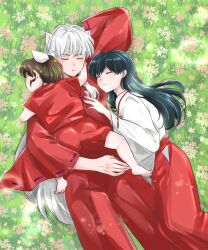  1boy 2girls animal_ears arm_behind_head barefoot bead_necklace beads black_hair bow child closed_eyes closed_mouth daytodaydesire demon_boy dog_boy dog_ears family father_and_daughter feet_out_of_frame field flower flower_field hair_bow hand_on_another&#039;s_chest higurashi_kagome inuyasha inuyasha_(character) japanese_clothes jewelry long_sleeves miko moroha moroha_(inuyasha) mother_and_daughter multiple_girls necklace outdoors pants parent_and_child parted_lips red_pants red_shirt red_shorts shirt shorts sidelocks sleeping smile tooth_necklace white_bow white_hair white_shirt wide_sleeves  rating:General score:6 user:danbooru