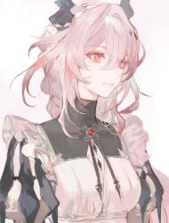  1girl alternate_hairstyle apron arknights black_horns braid braided_ponytail closed_mouth commentary horns juliet_sleeves kuzuvine long_hair long_sleeves maid_apron pink_eyes pink_hair puffy_sleeves simple_background solo theresa_(arknights) upper_body white_background 