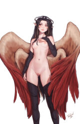 1girl arm_at_side artist_name black_gloves black_hair black_thighhighs breasts bridal_gauntlets cleft_of_venus commentary elbow_gloves english_commentary feathered_wings feet_out_of_frame gloves gluteal_fold hand_on_own_chest highres light_smile long_hair navel nipples nude original personal_ami pointy_ears pussy red_eyes signature simple_background small_breasts solo standing thighhighs uncensored white_background wings rating:Explicit score:120 user:danbooru