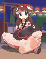  1girl blue_eyes breasts brown_hair clenched_hands collarbone creatures_(company) eyelashes facing_viewer feet fingernails foot_focus foot_worship full_body game_freak geta hair_ornament happy hatty_penguin highres hilda_(pokemon) hilda_(summer_2022)_(pokemon) holding holding_clothes holding_footwear indian_style japanese_clothes legs long_hair looking_at_viewer neck night nintendo official_alternate_costume official_alternate_hairstyle open_mouth outdoors pokemon pokemon_masters_ex presenting sandals shiny_skin short_shorts short_sleeves shorts sidelocks sitting small_breasts smile soles summer_festival sweat sweatdrop swept_bangs thighs toenails toes traditional_clothes unworn_sandals wavy_hair 