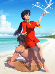  1970s_(style) 1boy 1girl aged_up arm_support barefoot beach bird black_hair blue_eyes breasts brown_eyes brown_hair cloud conan_(mirai_shounen_conan) couple day dress eating feeding feet fish good_end happy husband_and_wife indian_style lana_(mirai_shounen_conan) legs long_hair looking_back manly medium_breasts mirai_shounen_conan muscular muscular_male ocean oldschool outdoors retro_artstyle shore short_dress short_hair short_sleeves shorts sitting sky smile soles spoilers tikki toes twintails water yas66 