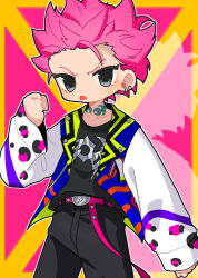  1boy animal_print aoiuna belt black_pants black_shirt blue_jacket charisma_house commentary_request cowboy_shot earclip grey_eyes hand_up highres jacket leopard_print long_sleeves male_focus neck_tattoo open_clothes open_jacket pants pink_belt pink_hair sarukawa_kei shirt short_hair solo tattoo tongue tongue_out white_sleeves 